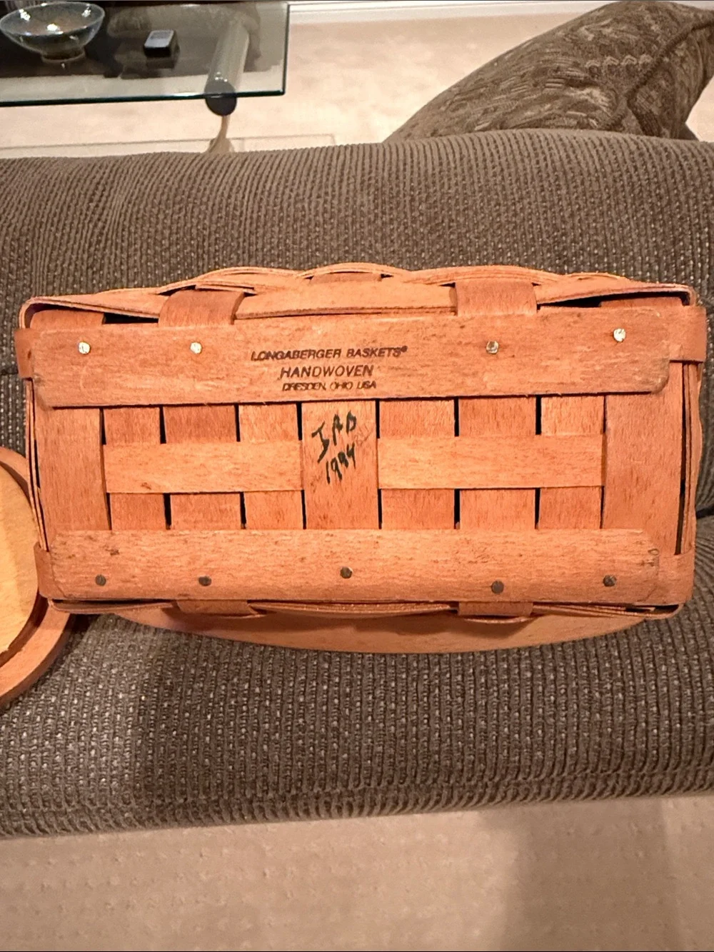 Longaberger Natural Brown Wood Handled Basket with Dresden Ohio Engraving